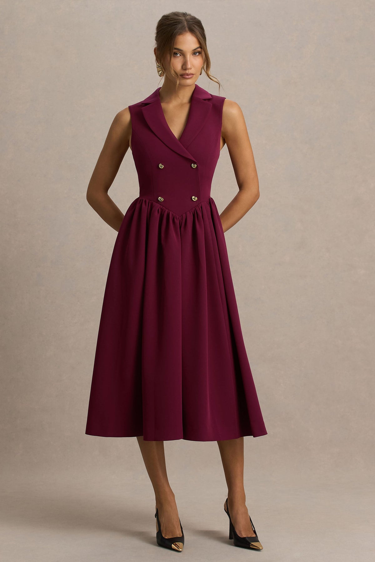 Lisa | Vestido Midi Sastre Color Burdeos con Escote Pronunciado