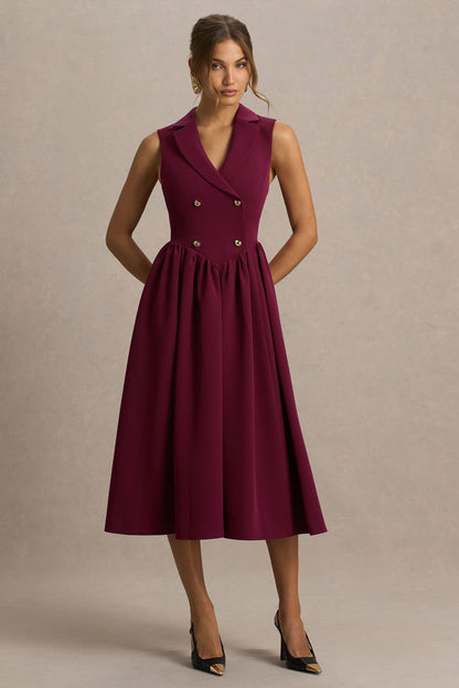 Lisa | Vestido Midi Sastre Color Burdeos con Escote Pronunciado