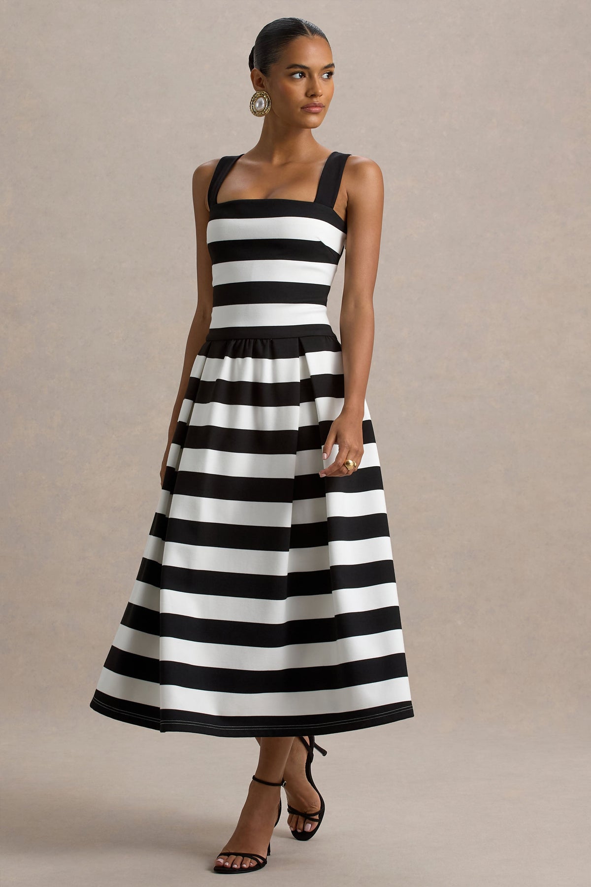 Monte Carlo | Vestido midi de rayas blanco y negro con escote cuadrado