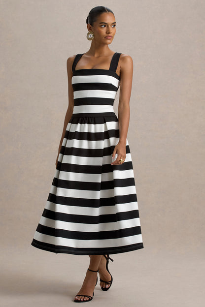 Monte Carlo | Vestido midi de rayas blanco y negro con escote cuadrado