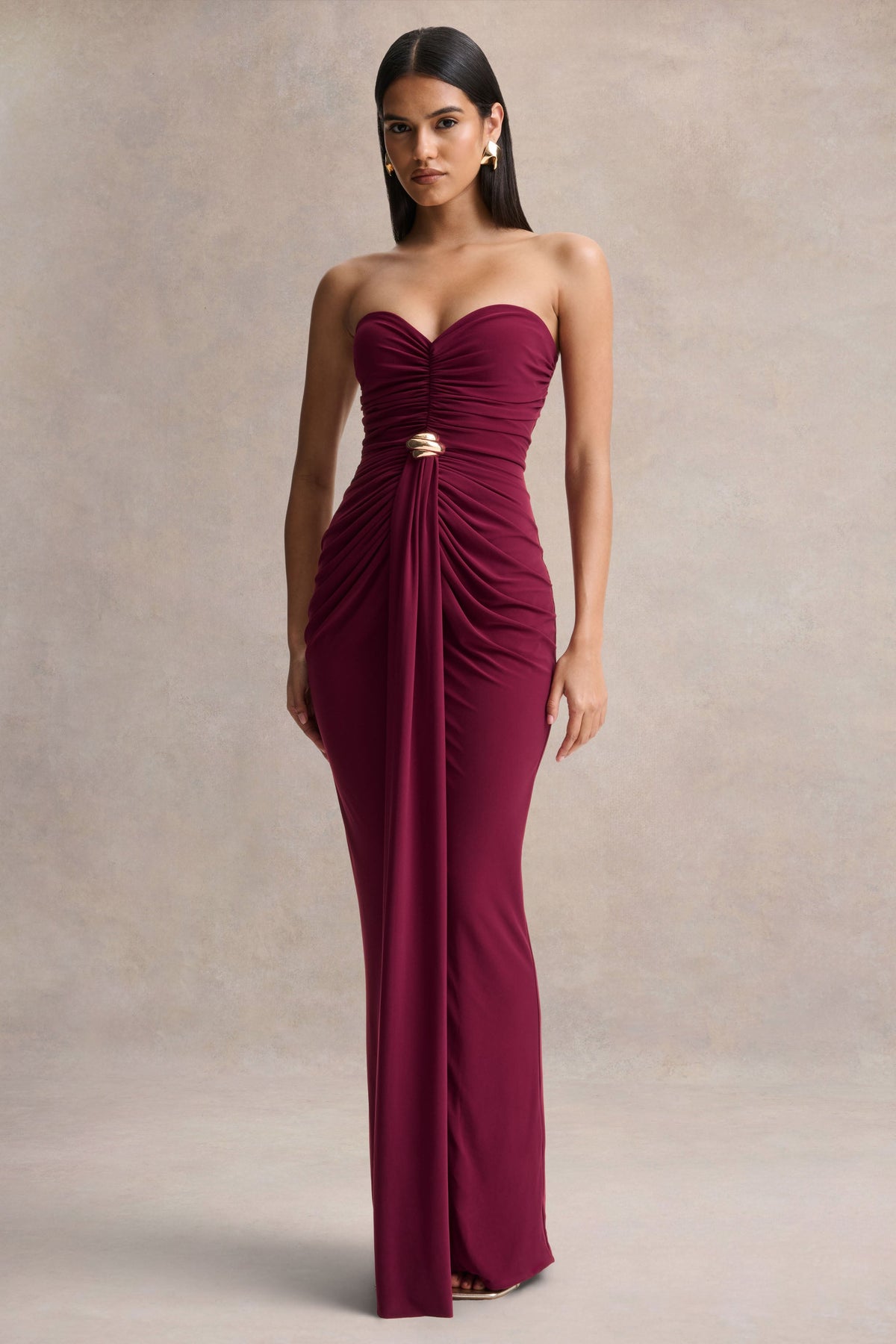 Beverly | Vestido Largo burdeos palabra de honor con detalle fruncido