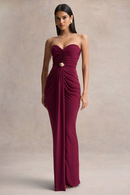 Beverly | Vestido Largo burdeos palabra de honor con detalle fruncido