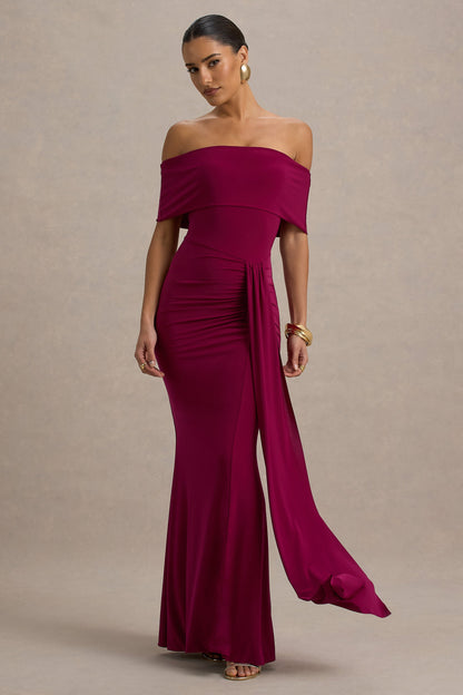 Delma | Vestido largo cereza oscuro con escote Bardot y detalle de frunces