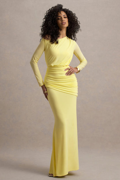Deanna | Vestido largo Amarillo limón con Escote Asimétrico y Drapeado