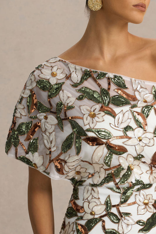 Iony | Vestido Largo de cuello asimétrico con detalles florales, malla y lentejuelas en blanco y verde