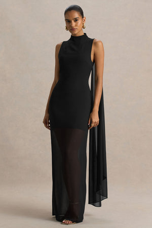 Unpredictable | Vestido Largo Negro con Escote Alto y Detalle de Capa en la Espalda