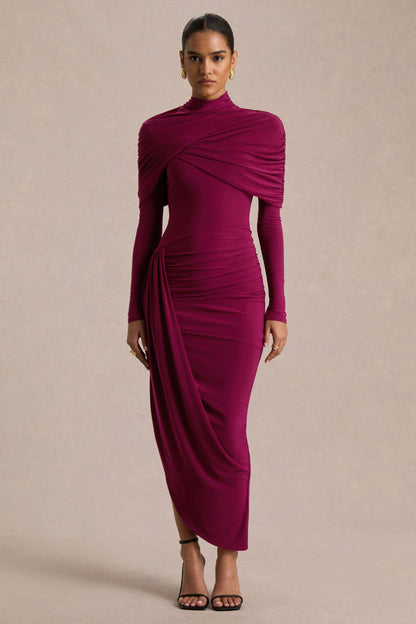Aneira | Vestido largo burdeos de cuello alto con mangas capa