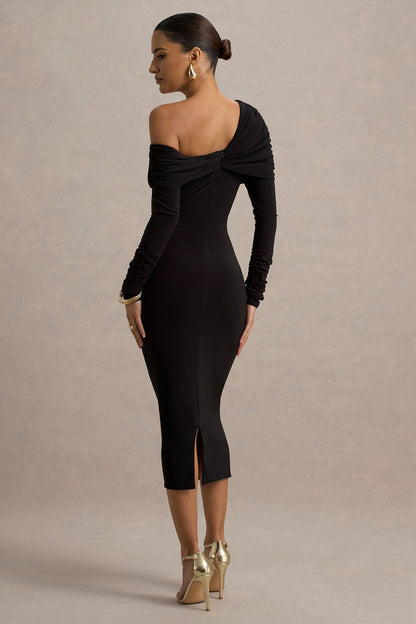 Cleo | Vestido Midi entallado negro con detalle retorcido en el escote y mangas largas