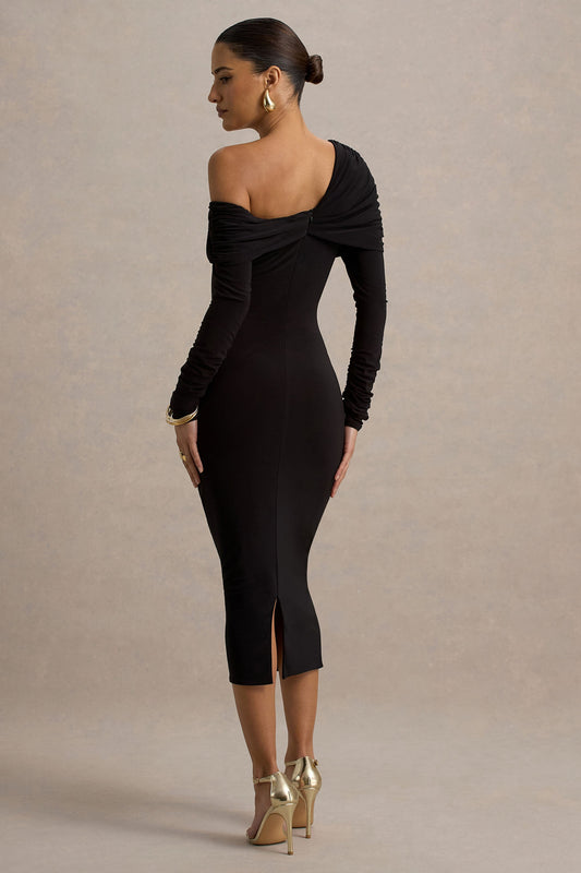 Cleo | Vestido Midi entallado negro con detalle retorcido en el escote y mangas largas