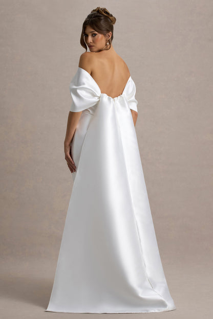 Wanting More | Vestido largo blanco roto con escote bardot y detalle de capa trasera