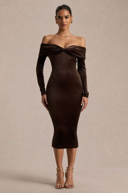 Compliment | Vestido Midi Bardot de Terciopelo Marrón