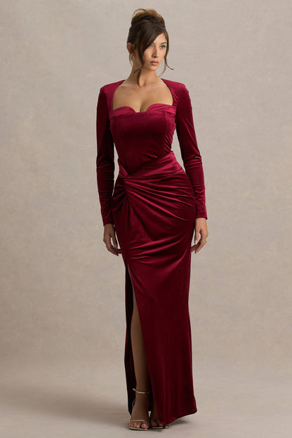 Fay | Vestido Largo Anudado Estilo Corsé en Terciopelo Color Baya