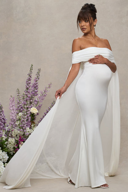 Carlotta | Vestido largo en blanco de maternidad con escote bardot y capa trasera