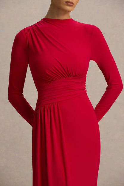 Virelle | Vestido Largo Rojo Con Escote Barco y Cintura Caída
