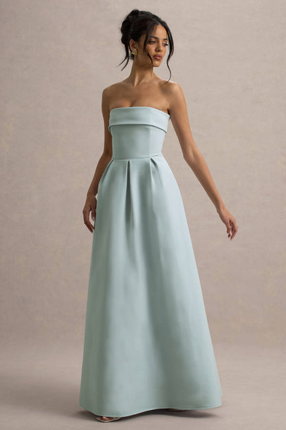 Maddalena | Vestido largo en azul empolvado con falda plisada