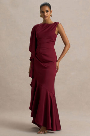Freya | Vestido Largo De Satén Burdeos Con Cuello Alto y Detalle Fruncido