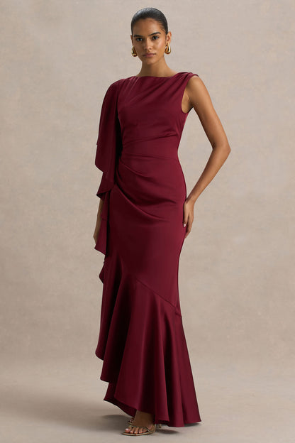 Freya | Vestido Largo De Satén Burdeos Con Cuello Alto y Detalle Fruncido