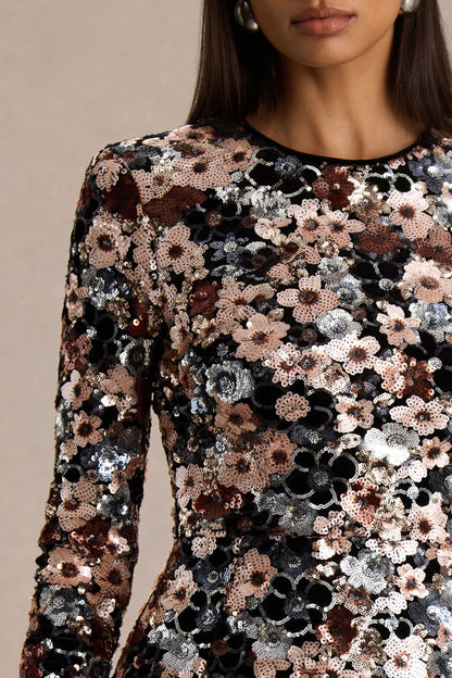 Adaline | Vestido corto de manga larga de terciopelo negro con lentejuelas y flores