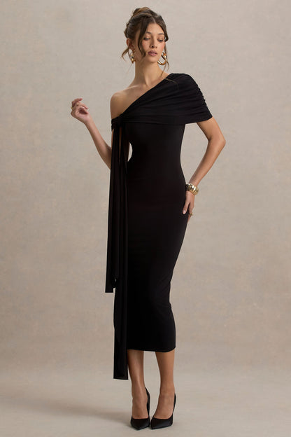 Praia | Vestido midi negro entallado con detalles fruncidos y drapeados