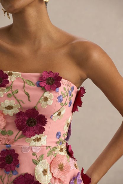 Kristen | Vestido corto Rosa con Bordado Floral y Escote bandeau