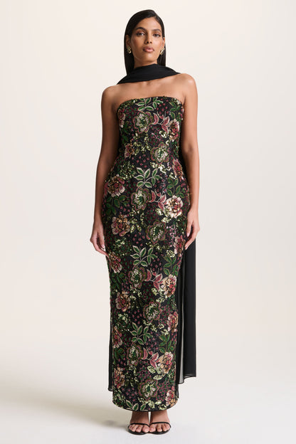 Cora | Vestido Largo Bandeau de Malla y Lentejuelas con Capa en la Espalda