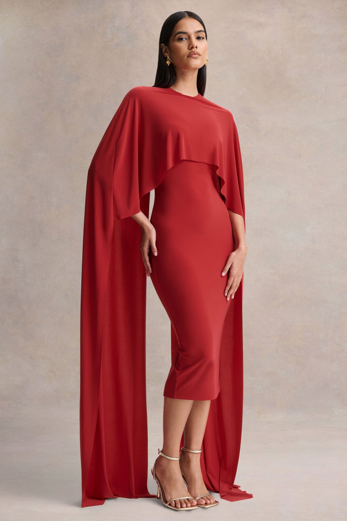 Kalani | Vestido Midi Rojo con Cuello Redondo y Mangas Tipo Capa