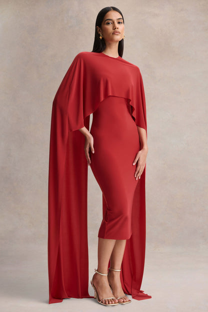 Kalani | Vestido Midi Rojo con Cuello Redondo y Mangas Tipo Capa