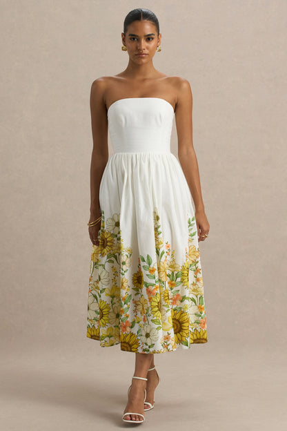 Ivory | Vestido midi asimétrico con escote bandeau y estampado de girasoles
