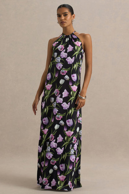 Svana | Vestido largo Asimétrico con Escote Halter en Satén Floral Negro
