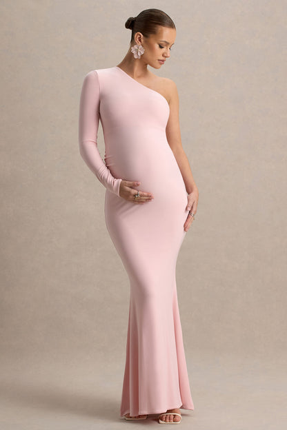Heloise | Vestido largo premamá en  Rosa Asimétrico de Una Manga