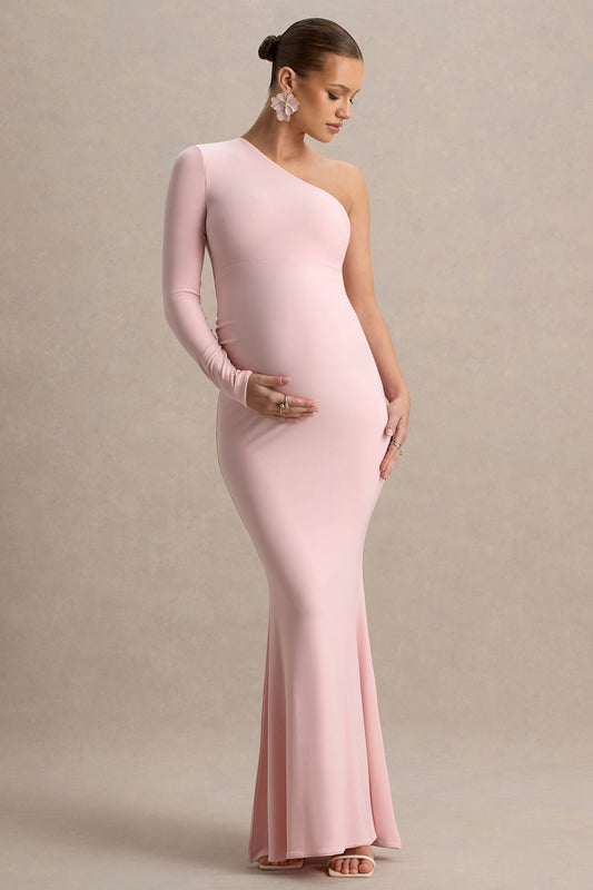 Heloise | Vestido largo premamá en  Rosa Asimétrico de Una Manga