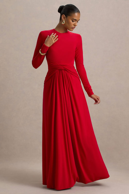 Estrella | Vestido largo rojo de mangas largas y detalle cruzado en la cintura