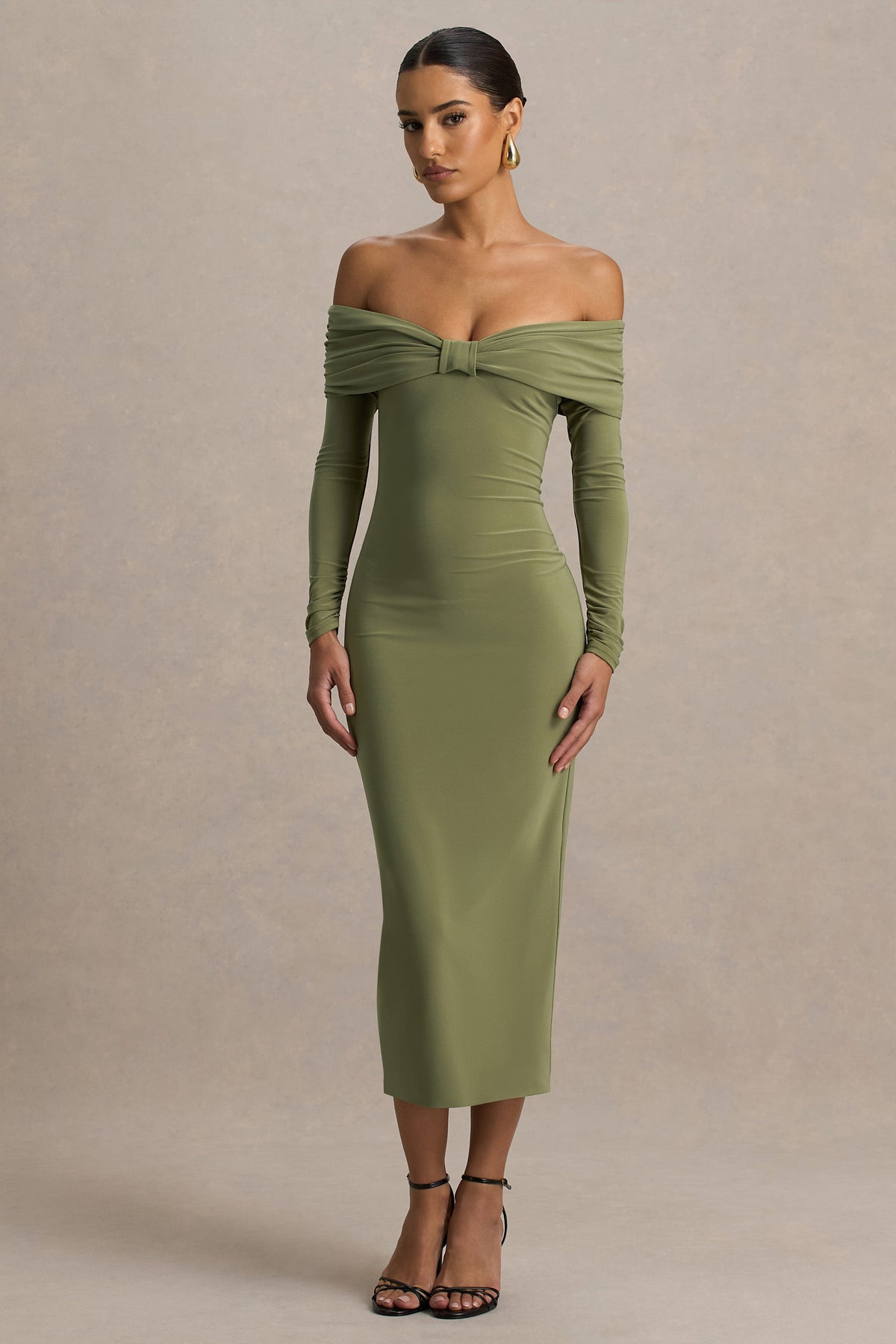 Spark | Vestido Midi Oliva Con Escote Bardot Y Detalle De Lazo