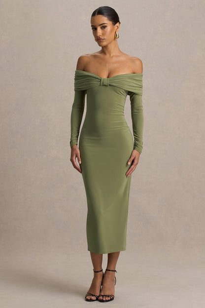 Spark | Vestido Midi Oliva Con Escote Bardot Y Detalle De Lazo