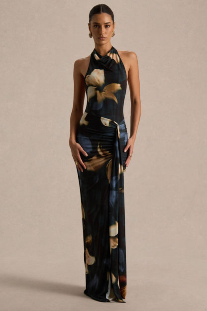 Sunflower | Vestido largo de cuello alto con estampado de lirios oscuros y abertura frontal alta