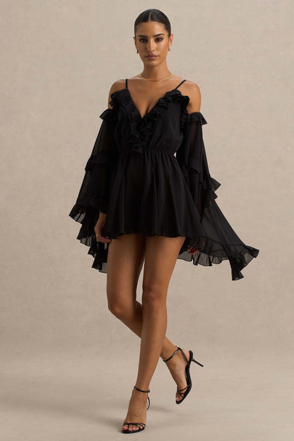 Anaya | Mono corto negro con mangas ajustables y hombros descubiertos