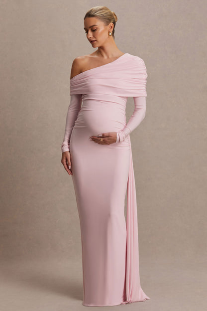 Amara | Vestido Largo Premamá Rosa Empolvado con Escote Asimétrico y Detalle de Fajín