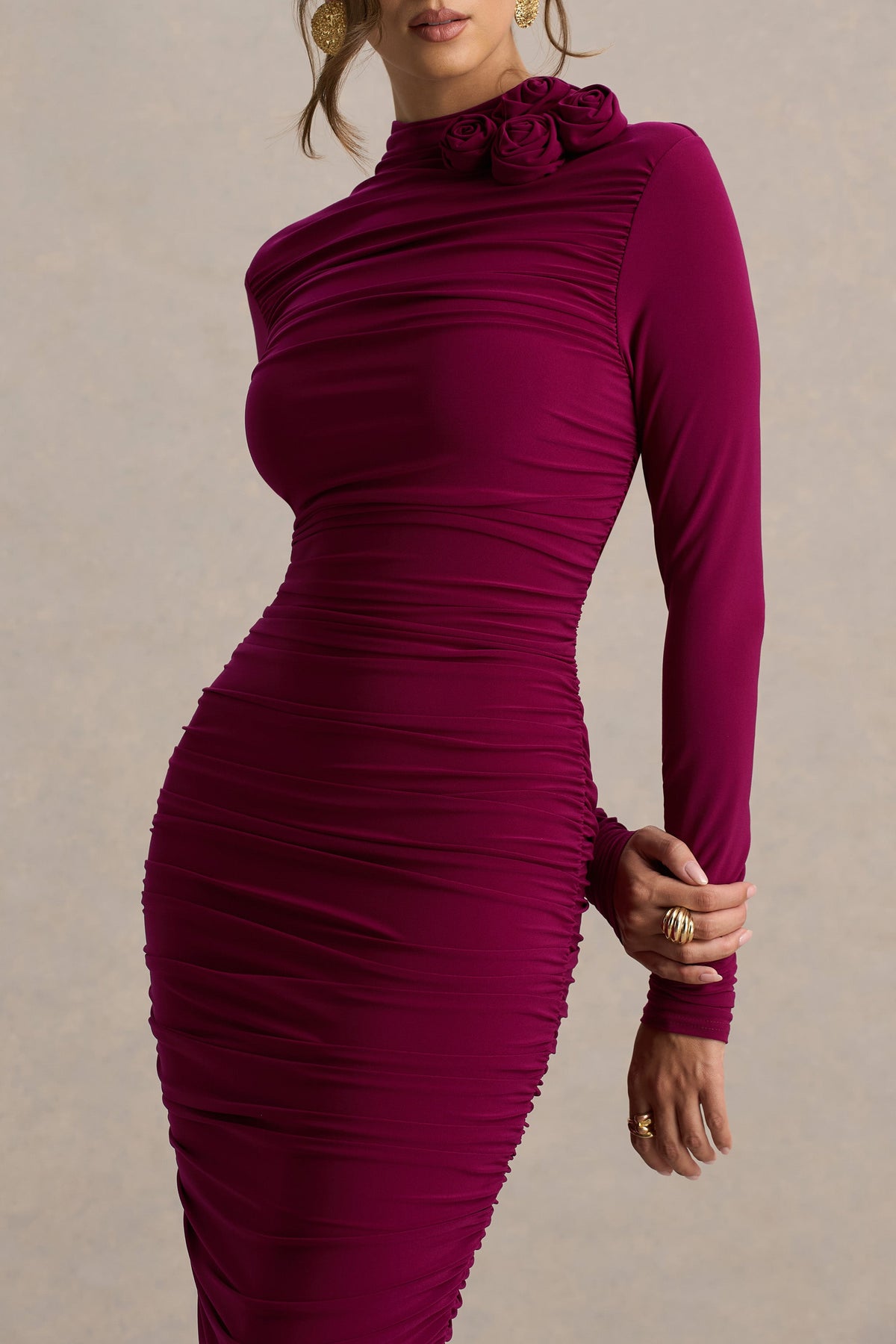 Tamara | Vestido Midi Burdeos de Manga Larga con Fruncidos
