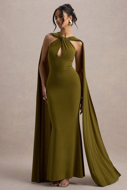 Rhoda | Vestido largo verde con escote halter y  banda decorativa