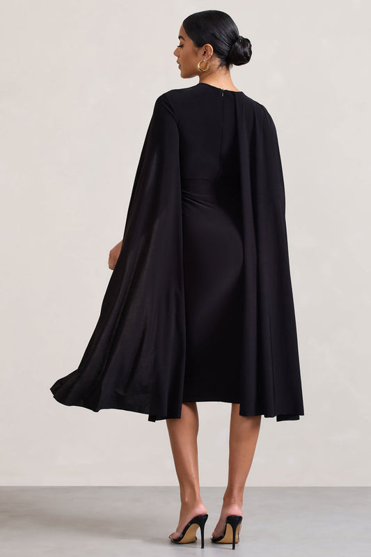 Marysol | Vestido midi negro entallado con mangas tipo capa