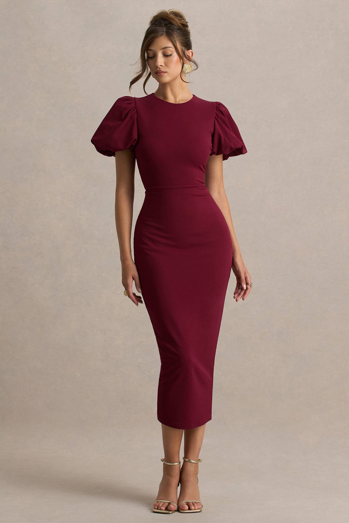 Dakota | Vestido Midi Burdeos De Manga Abullonada