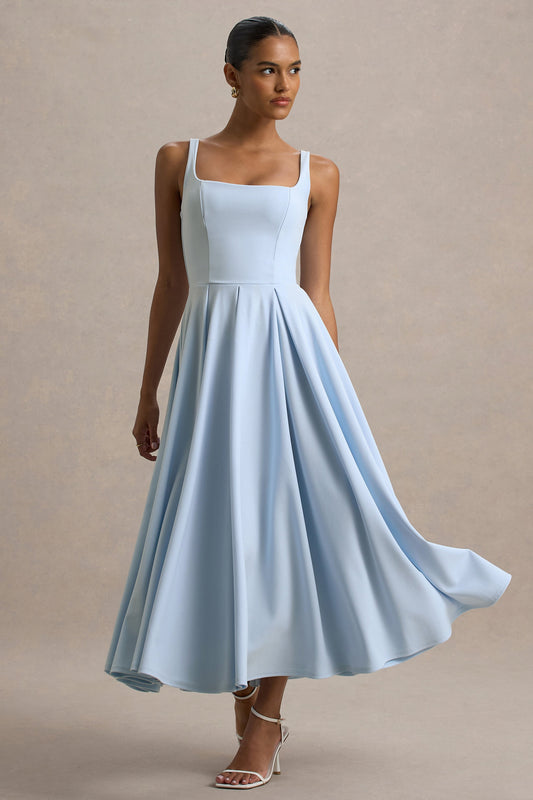 Parina | Vestido midi azul claro con escote cuadrado y falda voluminosa