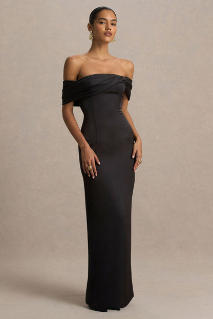 Valeria | Vestido largo de satén negro con escote Bardot retorcido