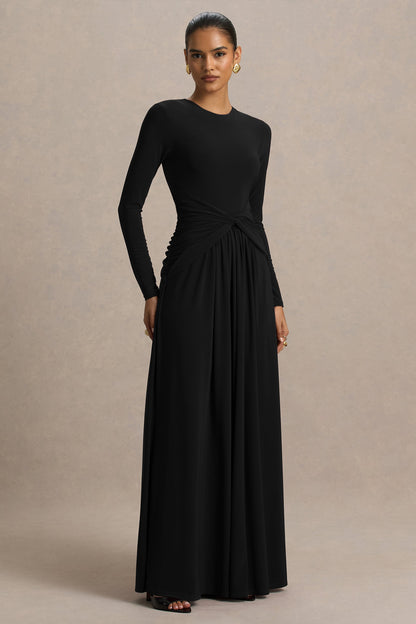 Estrella | Vestido Largo negro con cuello alto y detalle fruncido