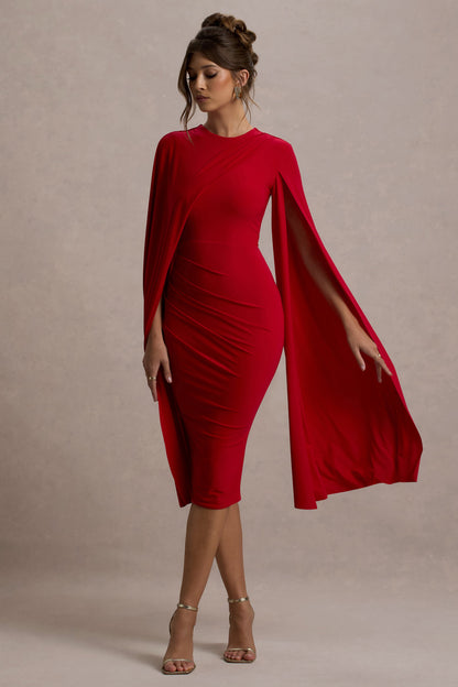 Marysol | Vestido midi ajustado y mangas capa en color rojo
