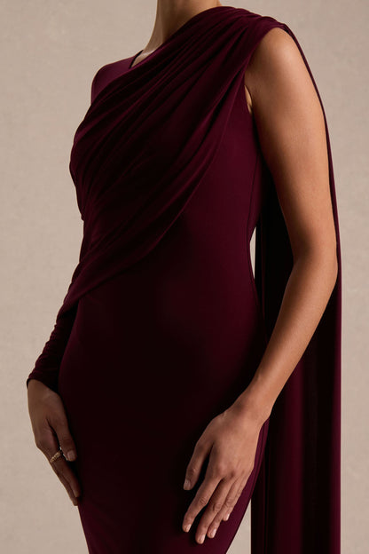 Rubelle | Vestido Largo Burdeos de Escote Asimétrico con Detalle Drapeado