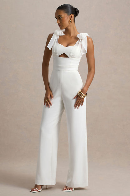 Claudelle | Mono blanco de pierna acampanada con tirantes de lazo de organza