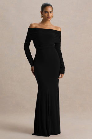 Cilla | Vestido Largo Negro Con Escote Bardot y Fruncido