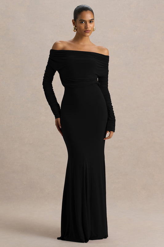 Cilla | Vestido Largo Negro Con Escote Bardot y Fruncido