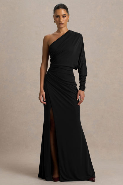 Lola | Vestido largo asimétrico Negro con detalles fruncidos y abertura frontal alta